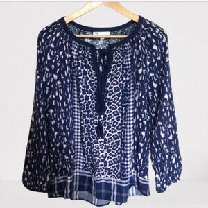 Boho Balloon Sleeve Tie Front Smocked Gingham Blouse XL